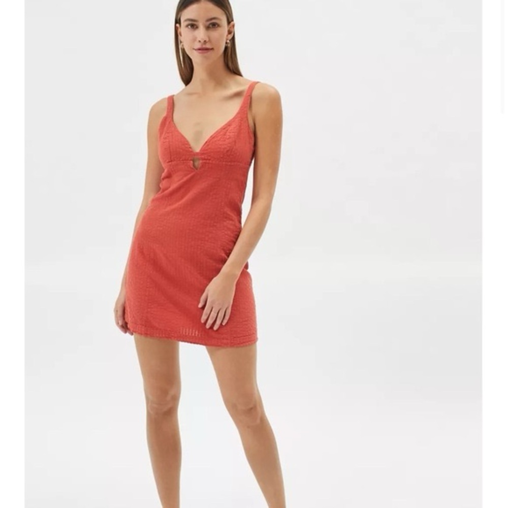 UO Why Not Seersucker Mini Dress NWT TERRACOTTA linen blend lightweight beach